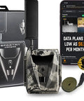 GoLive 4G LTE Trail Camera With Instant Live Streaming And Anti Theft GPS Tracking For Hunting And Wildlife Monitoring, showing camera with camo design and smartphone app.