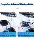 Premium EV Charger Port Cover For BMW 330e And BMW 330e Touring before and after installation comparison showing rainy conditions.