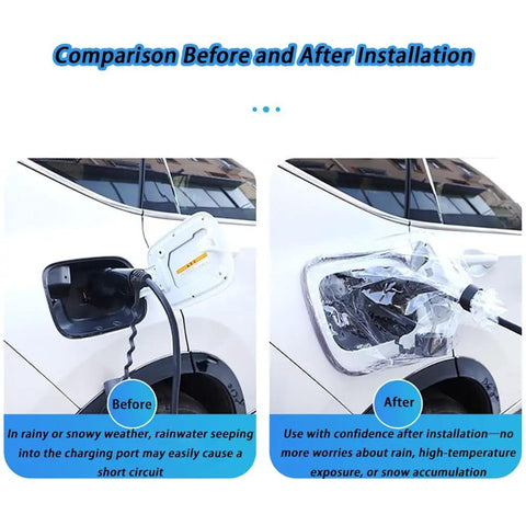 Premium EV Charger Port Cover For BMW 330e And BMW 330e Touring before and after installation comparison showing rainy conditions.