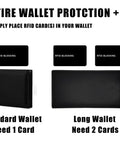 Image showing 5 Pack RFID Blocking Card Shields For Wallets And Passports, placed in standard and long wallets for anti-skimming protection.