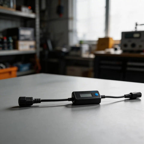 Hella Precise EV Charger Analyzer 8 To 120 Volts And 0 To 10 Amps on a table, showing LCD display for voltage and current monitoring.