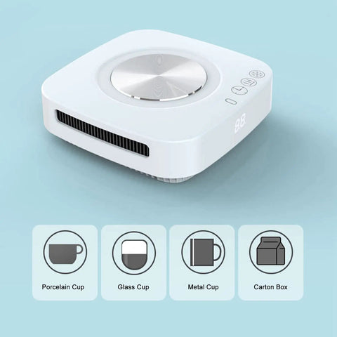 Compact Electric Cup Cooler And Warmer With Triple Temp Settings showing controls, suitable for various cup types on a blue backdrop.