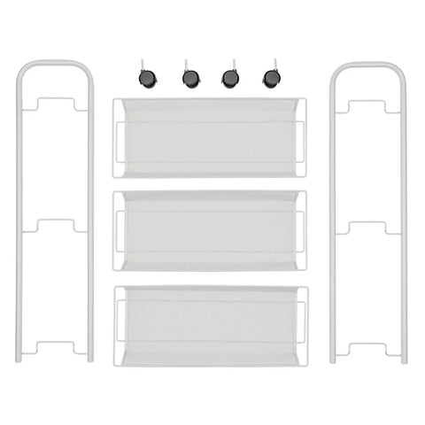 Rolling Steel Utility Cart On Wheels With Three Shelves For Laundry Room Mudroom Garage And Bathroom Organization Holds Detergents Hand Soap Laundry Pods And Cleaning Supplies In Light Gray, disassembled view