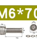 Beefy 304 Stainless Steel M6 Hex Socket Head Cap Screws And Nuts Kit 20 Sets Per Size Built For Indoor And Outdoor Use Tough Corrosion Resistant Fasteners That Are Easy to Tighten And Loosen Great For DIY Projects M6 x 70mm bolt with nut and washers
