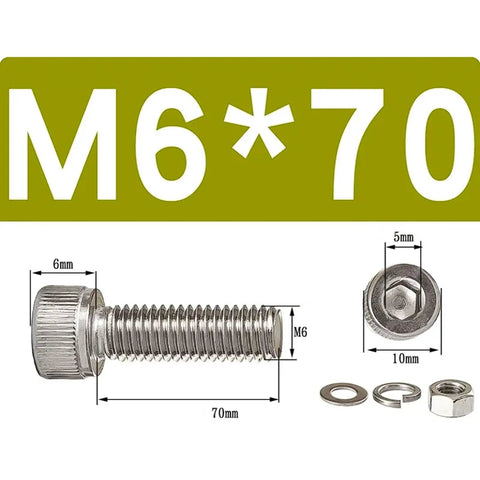 Beefy 304 Stainless Steel M6 Hex Socket Head Cap Screws And Nuts Kit 20 Sets Per Size Built For Indoor And Outdoor Use Tough Corrosion Resistant Fasteners That Are Easy to Tighten And Loosen Great For DIY Projects M6 x 70mm bolt with nut and washers
