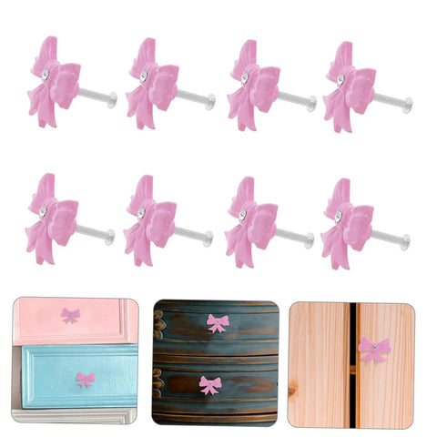 Super Dope Pink Bow Cabinet Pulls Pack Eight Piece Alloy Dresser Knobs For Girls Bedroom Refresh showing eight pink bow drawer pulls.