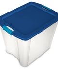 Heavy Duty Clear Plastic Storage Bins Twelve Pack With Tight Latch Lids And Solid Grip Handles, clear container with blue lid.