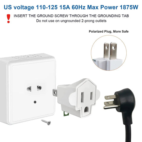 Three Prong To Two Prong Grounding Outlet Converter Two Pack Portable Fireproof 200C Wall Plug Adapter shown with plug and screw