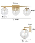 Gold Three Light Vanity Fixture With Clear Glass Globe Shades For Bathroom Modern Soft Gold Finish 22 Inch Long Vanity Lighting Bar Crystal Ball Style Bath Lighting For A Lux Look, showing dimensions