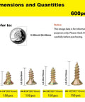 Premium Flat Head Wood Screws Assortment Kit With 600 Rock Solid Yellow Zinc Coated Carbon Steel Fasteners dimensions and sizes shown
