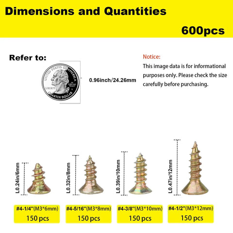 Premium Flat Head Wood Screws Assortment Kit With 600 Rock Solid Yellow Zinc Coated Carbon Steel Fasteners dimensions and sizes shown
