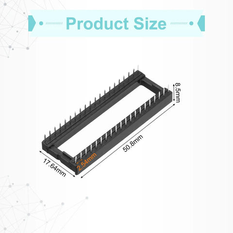 Illustration of 20 Piece DIP IC Socket Adapter Kit With 40 Pin Sockets, 2.54 mm Pitch For Breadboard Projects And PCB Design, size 50.8mm x 17.64mm x 8.5mm.