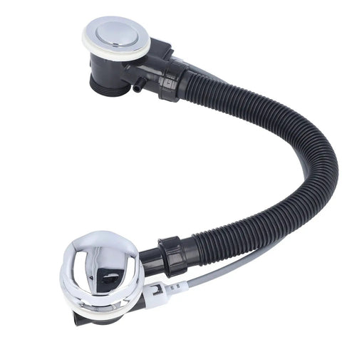 Aramox Bathtub Overflow Drainer Plastic Overflow Drain Pipe 65cm Concealed with chrome drain cover and flexible hose design.