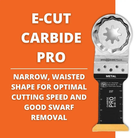 Starlock Plus Carbide Oscillating Saw Blade Built To Crush Through Stainless Steel Brick Cement Fiber And All Types Of Wood showing E-Cut Carbide Pro design for fast cutting and swarf removal.