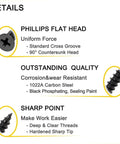 Beefy Heavy Duty Flat Head Phillips Wood Screws 80 Pc Set features corrosion-resistant 1022A carbon steel, phosphated black finish.