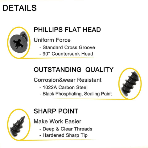 Beefy Heavy Duty Flat Head Phillips Wood Screws 80 Pc Set features corrosion-resistant 1022A carbon steel, phosphated black finish.