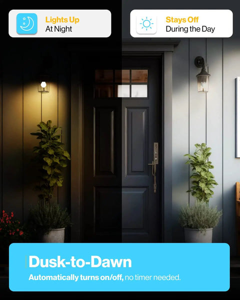 Outdoor Dusk To Dawn A19 LED Bulbs With Photocell Sensor illuminating exterior door at night with auto on off feature.