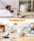 Person tripping on rug, loose carpet causing chaos, vacuuming crumpled rug, child with dog on uneven rug, 8 Pack Non Slip Rug Tape For Area Rugs Reusable Double Sided Adhesive Stickers That Keep Rug Corners Flat On Hardwood Floors And Tile Easy Install Rug Grips No Damage To Floors