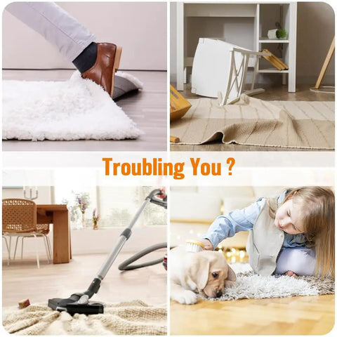 Person tripping on rug, loose carpet causing chaos, vacuuming crumpled rug, child with dog on uneven rug, 8 Pack Non Slip Rug Tape For Area Rugs Reusable Double Sided Adhesive Stickers That Keep Rug Corners Flat On Hardwood Floors And Tile Easy Install Rug Grips No Damage To Floors