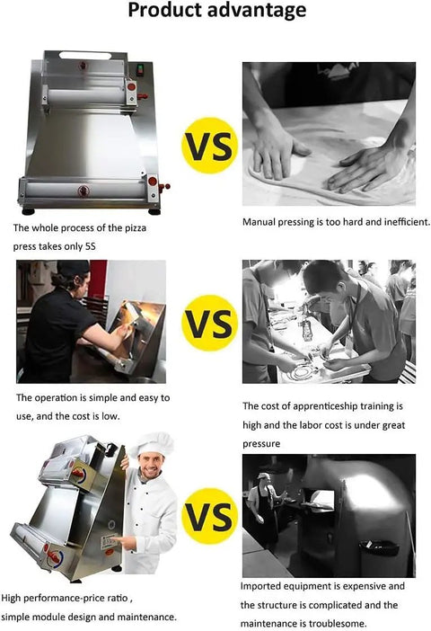 Comparison of Boss Level Automatic Pizza Dough Sheeter And Roller Machine with manual pressing for dough preparation advantages.