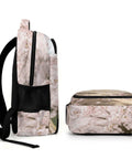 Side and top view of Soft Pink Sakura Spring Scene Printed Unisex Backpack with large capacity and durable polyester design.