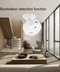 Smart Presence Sensor With Zigbee 5.8 GHz MmWave Radar Detects People, Static Body Posture, And Micro Motion, Illuminance Readout installed in modern living room