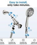 Installation diagram of High Pressure Shower Head With Six Spray Settings, Solid Brass Arm Mount and Extra Long Flexible Stainless Steel Hose