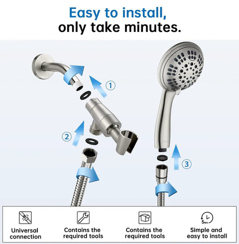 Installation diagram of High Pressure Shower Head With Six Spray Settings, Solid Brass Arm Mount and Extra Long Flexible Stainless Steel Hose