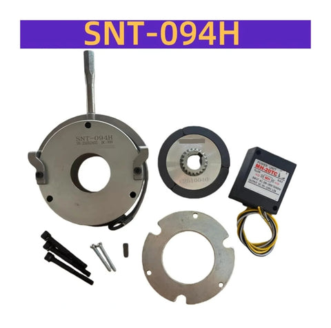 Electromagnetic power-off brake SNT-094H, DC99V, with mounting plate, control box, and mounting hardware.