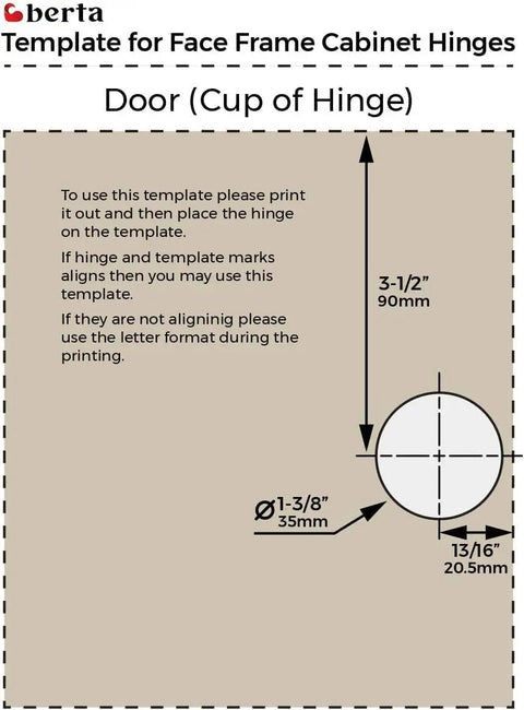 Template illustration for Three Eighths Inch Overlay Hinges 30 Pack Quiet 3D Soft Close Concealed For Face Frame And Frameless Cabinet Doors, 105 Degree Opening, Self Closing Slick Satin Nickel Stainless Steel Hardware showing measurements for hinge installation on door.