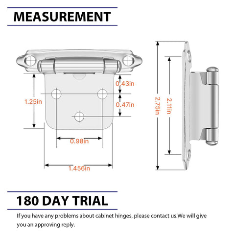 Diagram of Self Closing Brushed Nickel Cabinet Hinges With 1/2 Inch Overlay Satin Nickel Cupboard Hinges, showing measurements.