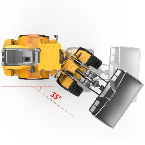 Top view of Volvo L260H Remote Control Wheel Loader 1:16 Scale 4WD showing 35-degree turning angle and alloy bucket.
