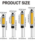 Four Piece Flush Trim Router Bit Set With One Quarter Inch Shank And Dual Bearings product size diagram showing measurements and variations.
