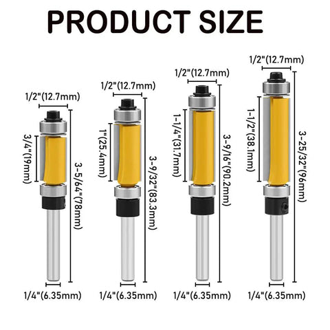 Four Piece Flush Trim Router Bit Set With One Quarter Inch Shank And Dual Bearings product size diagram showing measurements and variations.
