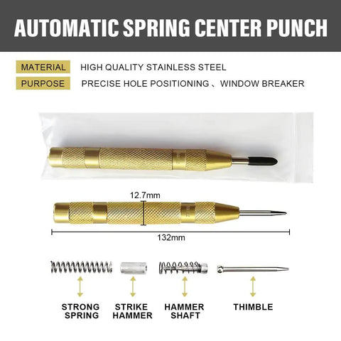 Automatic Spring Center Punch made of high-quality stainless steel, 12.7mm diameter and 132mm long for precise hole positioning.