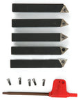 5-piece 3/8in indexable turning tool set with cemented carbide inserts and screws; black tool bodies