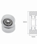 4 Pcs White Nylon Roller Idler Pulley With 608Z Bearing For Sliding Doors And Conveyor Systems, 32mm diameter, 12mm thick design.