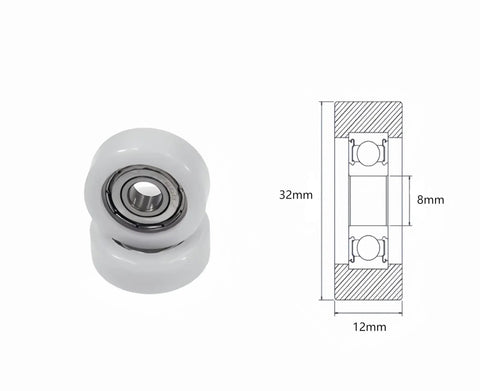 4 Pcs White Nylon Roller Idler Pulley With 608Z Bearing For Sliding Doors And Conveyor Systems, 32mm diameter, 12mm thick design.