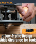 Close-up of woodworking using Slick T Track Stop Block Kit With Inline And Short Stops For Woodworking Table Saw Routing And Cnc Machines.