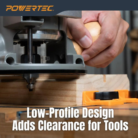 Close-up of woodworking using Slick T Track Stop Block Kit With Inline And Short Stops For Woodworking Table Saw Routing And Cnc Machines.