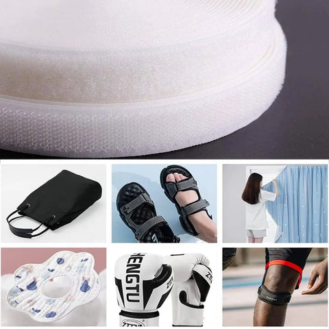 Heavy Duty White Sew On Hook And Loop Tape Nylon Fastener Strips 1 Inch By 33 Feet Non Adhesive Craft Rolls rolls on a black surface.