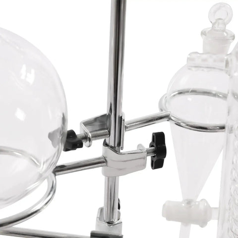 Close-up of 500Ml Glass Distillation Kit With Steam Distillation Setup For Essential Oil Extraction Lab Glassware Set components.