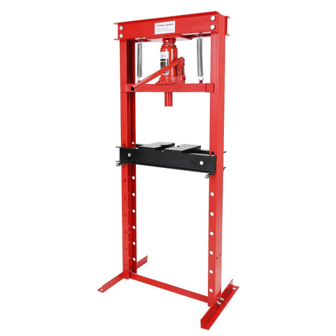Heavy Duty 12 Ton H Frame Hydraulic Shop Press With Adjustable Work Table And Solid Steel Plates For Metal Bending tasks.