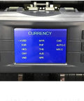 No Sweat Money Counter Machine With Legit Counterfeit Bill Detector showing currency options on digital screen.