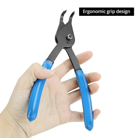 Hand holding pliers from 12 Piece Versatile Snap Ring Pliers Set for Internal and External Rings Heavy Duty Chrome Moly Steel Quick Adjustment