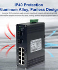 Beefy Industrial 8 Port Gigabit POE Plus Ethernet Switch With DIN Rail Mount, shown with IP40 protection and fanless design