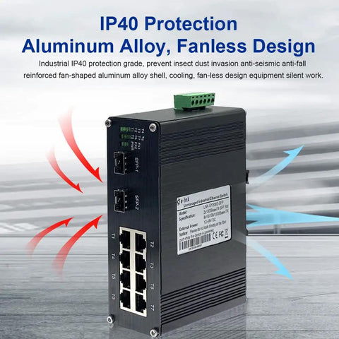Beefy Industrial 8 Port Gigabit POE Plus Ethernet Switch With DIN Rail Mount, shown with IP40 protection and fanless design