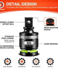 Detail design of 3/4 Inch Drive Universal Joint Socket Adapter Set, showing spring detent ball and CR-MO steel material.