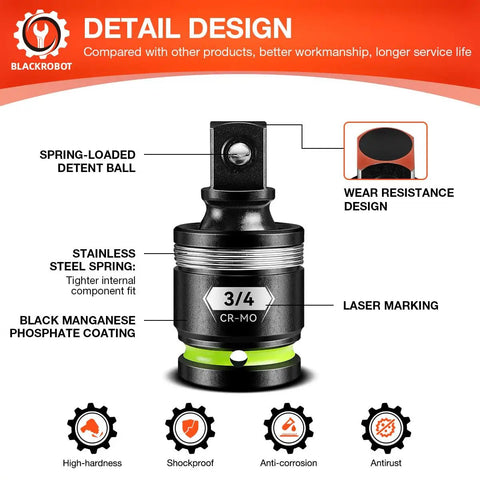 Detail design of 3/4 Inch Drive Universal Joint Socket Adapter Set, showing spring detent ball and CR-MO steel material.