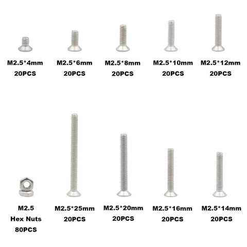 260 Piece Metric M2.5 Stainless Steel Phillips Flat Head Screws With Hex Nuts Assortment Kit for electronics, hobby use.
